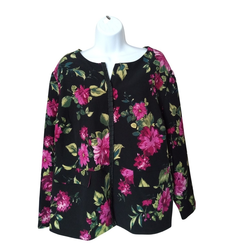 Susan Graver Floral Blazer Womens 22W Black Pink Open Front Collarless Jacket‎